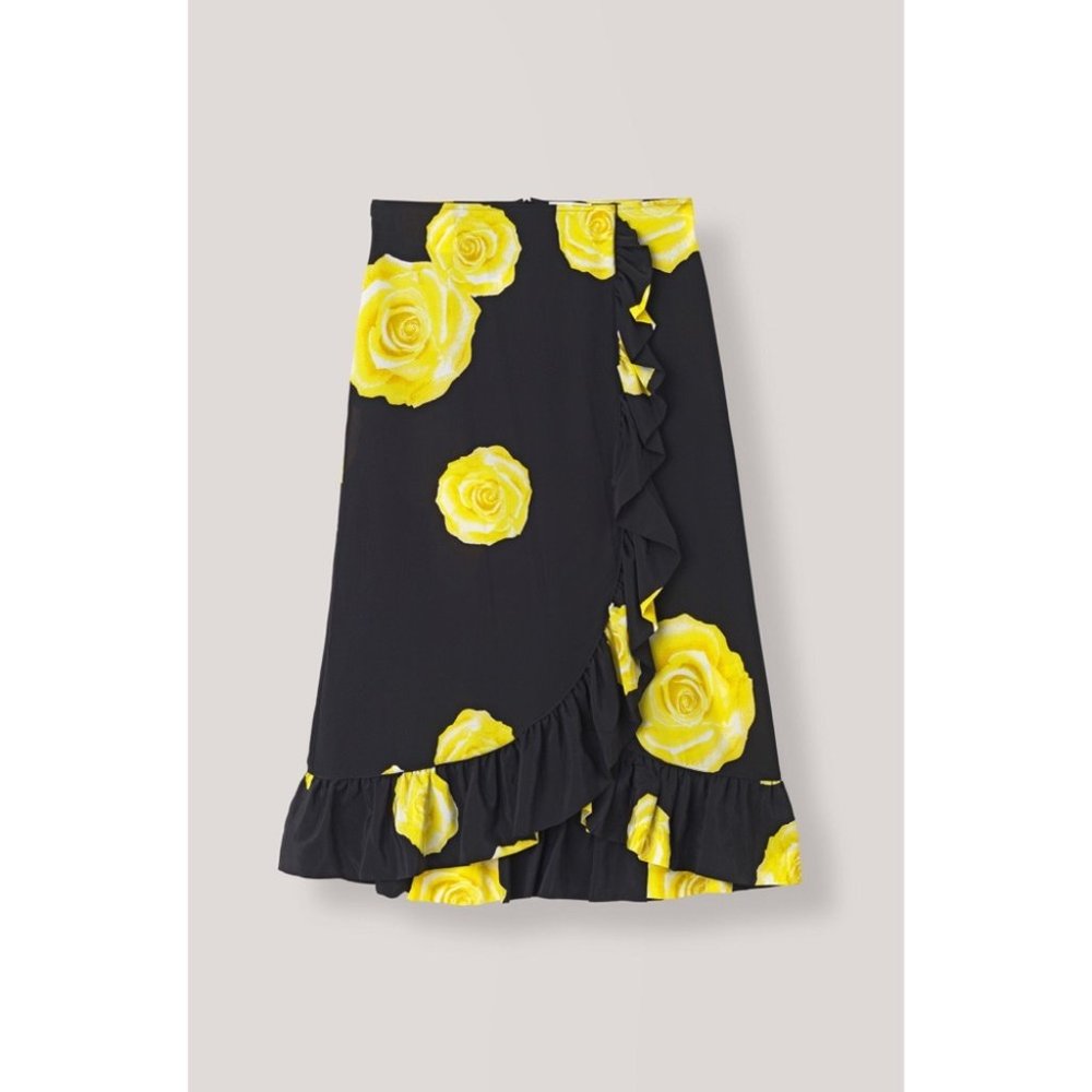 Ganni Black and Yellow Floral Midi Skirt